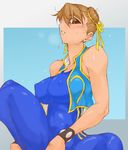  alternate_costume bodysuit breasts brown_hair chun-li covered_nipples double_bun hair_ribbon large_breasts ribbon short_hair skin_tight solo street_fighter street_fighter_zero_(series) studded_bracelet sweat vest yoshitsuki 