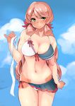  adapted_costume akashi_(kantai_collection) bad_id bad_tumblr_id bikini blush breasts cleavage cloud day fingernails front-tie_top green_eyes hair_ribbon headband holding kantai_collection large_breasts long_hair outdoors pink_hair ribbon sacha sky smile solo standing swimsuit untied 