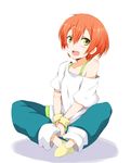  blush chata_maru_(irori_sabou) flat_chest hoshizora_rin love_live! love_live!_school_idol_project off_shoulder open_mouth orange_hair shirt short_hair simple_background smile solo t-shirt white_background 