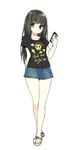  black_eyes black_hair blush cellphone clothes_writing crossed_legs denim denim_shorts english fuck-me_shirt heart hime_cut long_hair looking_at_viewer meme_attire phone profanity sandals shirt shorts simple_background sky_(freedom) smartphone solo t-shirt white_background 