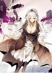  black_dress black_feathers black_legwear breasts cleavage commentary_request dress frills hairband large_breasts lolita_fashion long_hair puffy_sleeves red_eyes rozen_maiden silver_hair sketch smile solo suigintou tousen wings 