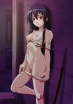  akame akame_ga_kill! bare_shoulders bikini black_hair breasts censored itou_nobuhiro katana long_hair mosaic_censoring nipples pussy red_eyes small_breasts solo swimsuit sword undressing very_long_hair weapon 