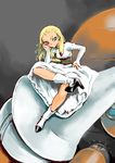  ankle_boots blonde_hair blue_eyes boots chin_rest corset cyberbots devilot_de_deathsatan_ix dress forehead gem hair_slicked_back high_heel_boots high_heels long_hair mecha no_headwear ruuen_rouga sitting solo white_dress 