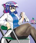  :o akasode_(tyaramu) animalization breasts chair dog folded_hair folded_ponytail folding_chair glasses highres labcoat large_breasts long_hair multicolored_hair my_little_pony my_little_pony_friendship_is_magic open_mouth pantyhose personification pink_hair purple_eyes purple_hair ribbed_sweater sitting spike_(my_little_pony) sweater turtleneck twilight_sparkle 