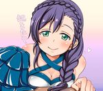  blush braid breast_press breasts check_translation cleavage earrings green_eyes hoshino_ouka jewelry large_breasts long_hair looking_at_viewer love_live! love_live!_school_idol_project pom_poms purple_hair smile solo_focus toujou_nozomi translation_request 