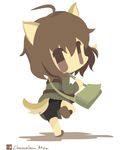  ahoge animal_ears artist_name bad_id bad_pixiv_id bag bike_shorts chameleon_man_(three) chibi dog_ears dog_tail flat_color from_behind inufusa_yuno jacket leg_up long_sleeves looking_back military military_uniform shadow short_hair simple_background solo standing standing_on_one_leg tail uniform white_background world_witches_series 