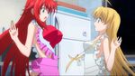  2girls animated animated_gif apron asia_argento blonde_hair blue_eyes bouncing_breasts breasts green_eyes high_school_dxd large_breasts long_hair medium_breasts multiple_girls naked_apron open_mouth red_hair refrigerator rias_gremory standing 