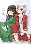  :d anger_vein black_eyes black_hair fujiwara_no_mokou highres houraisan_kaguya jacket leaning_on_person long_sleeves mimoto_(aszxdfcv) multiple_girls open_clothes open_jacket open_mouth pants pants_rolled_up red_eyes shirt silver_hair sitting smile spoken_anger_vein touhou track_jacket track_pants track_suit translated 