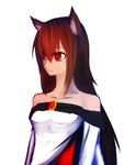  animal_ears bad_id bad_pixiv_id bare_shoulders breasts brooch brown_hair collarbone dress imaizumi_kagerou jewelry long_hair looking_away red_eyes renshou_hito simple_background small_breasts solo touhou white_background wolf_ears 