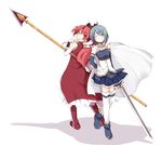  blue_eyes blue_hair blush cape chata_maru_(irori_sabou) gloves highres long_hair looking_at_viewer magical_girl mahou_shoujo_madoka_magica miki_sayaka multiple_girls polearm red_eyes red_hair sakura_kyouko short_hair simple_background smile spear sword thighhighs weapon white_background white_gloves white_legwear 