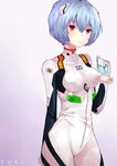  2014 absurdres arm_behind_back ayanami_rei bangs blue_hair blush bodysuit bracer breasts clenched_hand dated from_side gloves gradient gradient_background hair_between_eyes hair_ornament highres looking_at_viewer medium_breasts neon_genesis_evangelion number parted_lips pilot_suit plugsuit rebuild_of_evangelion red_eyes short_hair signature solo turtleneck white_bodysuit yuki-02 