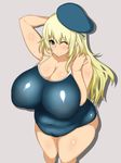  1girl atago_(kantai_collection) beret blonde_hair blue_eyes blue_swimsuit breasts fat female hand_behind_head hat huge_breasts inverted_nipples kantai_collection long_hair plump puffy_nipples school_swimsuit simple_background smile solo standing swimsuit tensai427 wink 