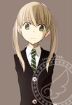  arms_behind_back blonde_hair copyright_name formal green_eyes long_hair looking_at_viewer maka_albarn necktie school_uniform simple_background solo soul_eater suit tsukimori_usako twintails 