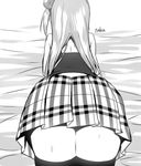  ass ass_focus bare_shoulders bed_sheet character_name from_behind greyscale hair_bobbles hair_ornament kudou_naka long_hair monochrome one_side_up original ponytail simple_background skirt sky_(freedom) solo thighhighs thighs white_background zettai_ryouiki 