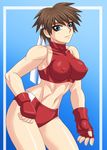  blue_eyes breasts brown_hair buruma collarbone covered_nipples fingerless_gloves gloves halter_top halterneck headband kasugano_sakura large_breasts midriff short_hair skin_tight solo street_fighter taroimo_(00120014) toned 