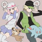  1girl adjusting_clothes adjusting_hat bag baseball_cap blonde_hair blue_eyes blue_skirt blush gen_2_pokemon hand_in_pocket handbag hands_on_headwear hat heart hiyokko_ep kyouhei_(pokemon) mei_(pokemon) phanpy pink_hair pokemon pokemon_(creature) pokemon_(game) pokemon_bw2 porkpie_hat ruri_(pokemon) short_hair simple_background skirt sparkle teddiursa tetsu_(pokemon) thighhighs thought_bubble white_legwear 