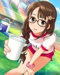  :d blue_sky braid brown_hair cloud cup day drink expressive_clothes freckles glasses grass gym_shorts gym_uniform hair_ornament hair_over_shoulder hairclip holding idolmaster idolmaster_cinderella_girls light_rays long_hair looking_at_viewer okuyama_saori open_mouth outdoors shorts side_braid single_braid sky smile solo stadium sunbeam sunlight track water 
