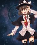  black_capelet blush brown_eyes brown_hair capelet clock collared_shirt fuente hat long_sleeves miniskirt necktie ok_sign open_mouth peeking_through_fingers shirt skirt sky solo star star_(sky) starry_background starry_sky thighhighs touhou usami_renko 