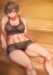  abs bifidus breasts brown_hair hyuuga_(kantai_collection) kantai_collection large_breasts looking_at_viewer muscle muscular_female sauna short_hair shorts sitting solo sports_bra sweat 