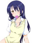  blush bottomless chata_maru_(irori_sabou) condom condom_in_mouth long_hair looking_at_viewer love_live! love_live!_school_idol_project mouth_hold one_eye_closed simple_background solo sonoda_umi sweat white_background 