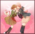  1boy 1girl angel_wings animal_ears bag beige_skirt black_jacket black_legwear blush bow brown_eyes brown_hair brown_skirt cat_bag commentary_request crossdressing danganronpa danganronpa_1 dot_eyes dot_nose ear_ribbon eyebrows_visible_through_hair feet_out_of_frame fujisaki_chihiro grabbing green_sweater hair_ornament hairclip hand_holding happy_birthday highres hood jacket miyuzu monomi_(danganronpa) nanami_chiaki one_eye_closed open_mouth otoko_no_ko pink_eyes pleated_skirt ribbon school_uniform short_hair skirt skirt_grab smile super_danganronpa_2 sweater transparent white_footwear white_wings wings 