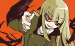  animal animal_on_arm bird bird_on_arm blonde_hair double-breasted feathers grete_m_gollob jacket long_hair long_sleeves military military_uniform open_mouth orange_background orange_eyes pale_skin rapan raven_(animal) slit_pupils smile solo uniform world_witches_series 