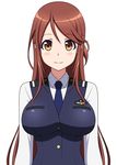  blush breasts brown_eyes brown_hair bryanz09 iida_nana large_breasts long_hair looking_at_viewer necktie open_mouth rail_wars! simple_background smile solo white_background 