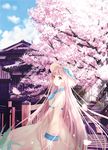 architecture blurry brown_eyes brown_hair building cherry_blossoms day depth_of_field dress east_asian_architecture hanato_kobato hat hat_ribbon highres kobato. long_hair long_sleeves merier outdoors petals pink_hair ribbon road sky solo sunlight tree very_long_hair yellow_dress yellow_eyes 