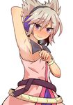  arm_behind_head arm_up armpits bare_arms belt blonde_hair blush bracelet breasts cowboy_shot earmuffs hair_between_eyes hato_no_suisou highres jewelry looking_at_viewer no_bra pointy_hair purple_eyes sash shirt shirt_tug sideboob simple_background sleeveless sleeveless_shirt small_breasts smile solo sweat touhou toyosatomimi_no_miko white_background 