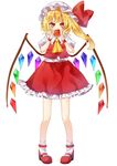  absurdres apple ascot blonde_hair flandre_scarlet food fruit full_body hat highres holding kyouda_suzuka looking_at_viewer mary_janes mob_cap red_eyes shoes side_ponytail solo standing touhou wings 