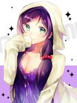  animal_hood bow breasts cleavage dress green_eyes hair_bow hair_ornament hair_over_shoulder hood hoodie large_breasts long_hair long_sleeves love_live! love_live!_school_idol_project nightgown purple_dress purple_hair red_bow ribbon-trimmed_clothes ribbon_trim smile solo sparkle tiny_(tini3030) toujou_nozomi 