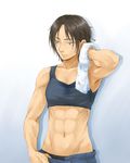  abs bad_id bad_pixiv_id bare_shoulders black_hair freckles hair_down highres maskjoker7 shingeki_no_kyojin short_hair solo sweat towel ymir_(shingeki_no_kyojin) 