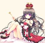  bare_arms bare_shoulders bow brown_hair choker collarbone crown detached_sleeves dress frilled_dress frills highres ichiru_(yuzu-an) long_hair looking_at_viewer off_shoulder original purple_eyes serious simple_background solo wand 