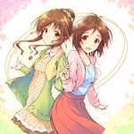  aoiya_soujirou brown_eyes brown_hair doumyouji_karin holding_hands idolmaster idolmaster_cinderella_girls interlocked_fingers long_hair looking_at_viewer multiple_girls open_mouth short_hair smile takamori_aiko 