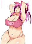  arms_behind_head belly bow breasts covered_nipples curvy hair_bow highres large_breasts long_hair nightmare-doom original plump purple_eyes purple_hair simple_background solo translation_request white_background wide_hips 