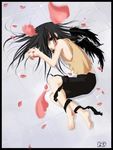  androgynous barefoot black_hair black_wings child iruka_loves_kakashi_(deviantart) long_hair lowres lying sad sakura_petals solo wings 