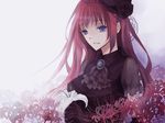  bad_id bad_pixiv_id black_dress blue_eyes dress elbow_gloves flower gloves hair_ribbon long_hair megurine_luka pink_hair ria_(pixiv251058) ribbon solo spider_lily vocaloid 