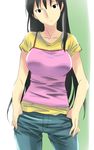  azumanga_daiou azumanga_daiou_hoshuu-hen black_eyes black_hair breasts casual denim hands_in_pockets jeans large_breasts long_hair mas pants sakaki shirt solo t-shirt 