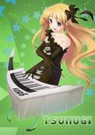  bad_id bad_pixiv_id bare_shoulders blonde_hair blue_eyes don't_say_&quot;lazy&quot; earrings elbow_gloves gloves haoyuan instrument jewelry k-on! keyboard_(instrument) kotobuki_tsumugi long_hair solo striped 