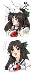  black_hair blush bow clenched_hands closed_eyes eyes fang hair_bow hair_tousle happy long_hair petting pine red_eyes reiuji_utsuho touhou translated 