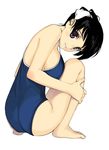  barefoot black_hair blue_eyes blue_swimsuit breasts feet from_behind head_tilt large_breasts leg_hug looking_at_viewer looking_back mibu_natsuki one-piece_swimsuit original parted_lips sideboob simple_background smile solo squatting strap_gap swimsuit white_background 