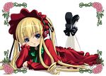  blonde_hair blue_eyes bonnet dress long_hair lying pantyhose robi rozen_maiden shinku solo twintails 