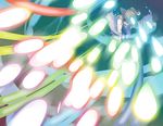  blonde_hair colorful danmaku green_eyes hair_over_one_eye hat inuinui moriya_suwako motion_blur short_hair solo touhou 