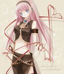  bad_id bad_pixiv_id blue_eyes headphones headset heart heart_of_string long_hair megurine_luka midriff navel pink_hair red_string ria_(pixiv251058) skirt smile solo string thighhighs vocaloid 