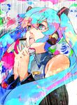  aqua_eyes aqua_nails blue_hair colorful detached_sleeves hatsune_miku headphones headset highres kitano_yuusuke long_hair nail_polish necktie open_mouth solo twintails vocaloid 