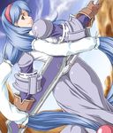  anastasia_valeria argetlahm armor armored_dress ass blue_hair day dress dutch_angle from_behind gloves hair_ornament hairband huge_weapon jon_shicchiou long_hair looking_back outdoors red_eyes red_hairband sky smile solo sword twintails very_long_hair weapon wild_arms wild_arms_2 