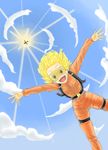  aircraft airplane blonde_hair day falling goggles highres jumpsuit orange_eyes parachute sky skydive solo sun 