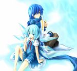  1girl back-to-back blue_eyes blue_hair blue_scarf bow cirno crossover dsakuraff food hair_ribbon kaito popsicle ribbon scarf short_hair smile touhou vocaloid 