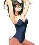  :o adjusting_hair animal_ears aqua_eyes armpits arms_up blush breasts bunny_ears bunnysuit cleavage copyright_request glasses green_hair hinnu@ao large_breasts lowres oekaki pantyhose short_hair sitting solo 