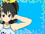  arms_behind_head black_hair blue_eyes ganaha_hibiki idolmaster idolmaster_(classic) k-on! mildwild parody ponytail solo 